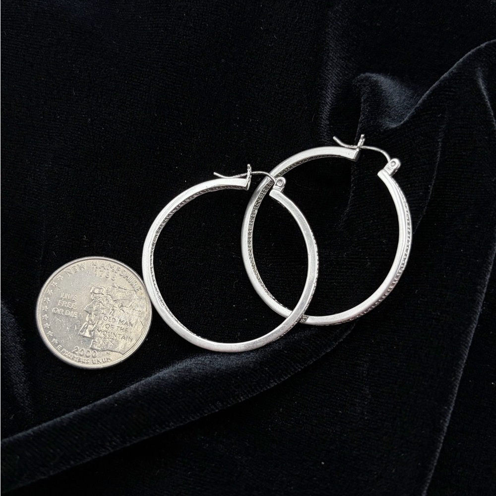 Diamond Silver Hoop Earrings - Picture 2 of 4